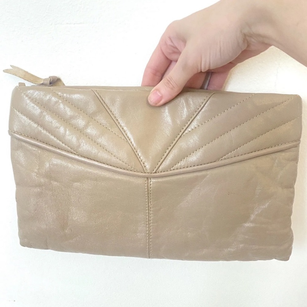 Vtg 70s/80s Empire-Orr Cream Beige Leather Clutch Purse Neutral Zip Wedding Bag